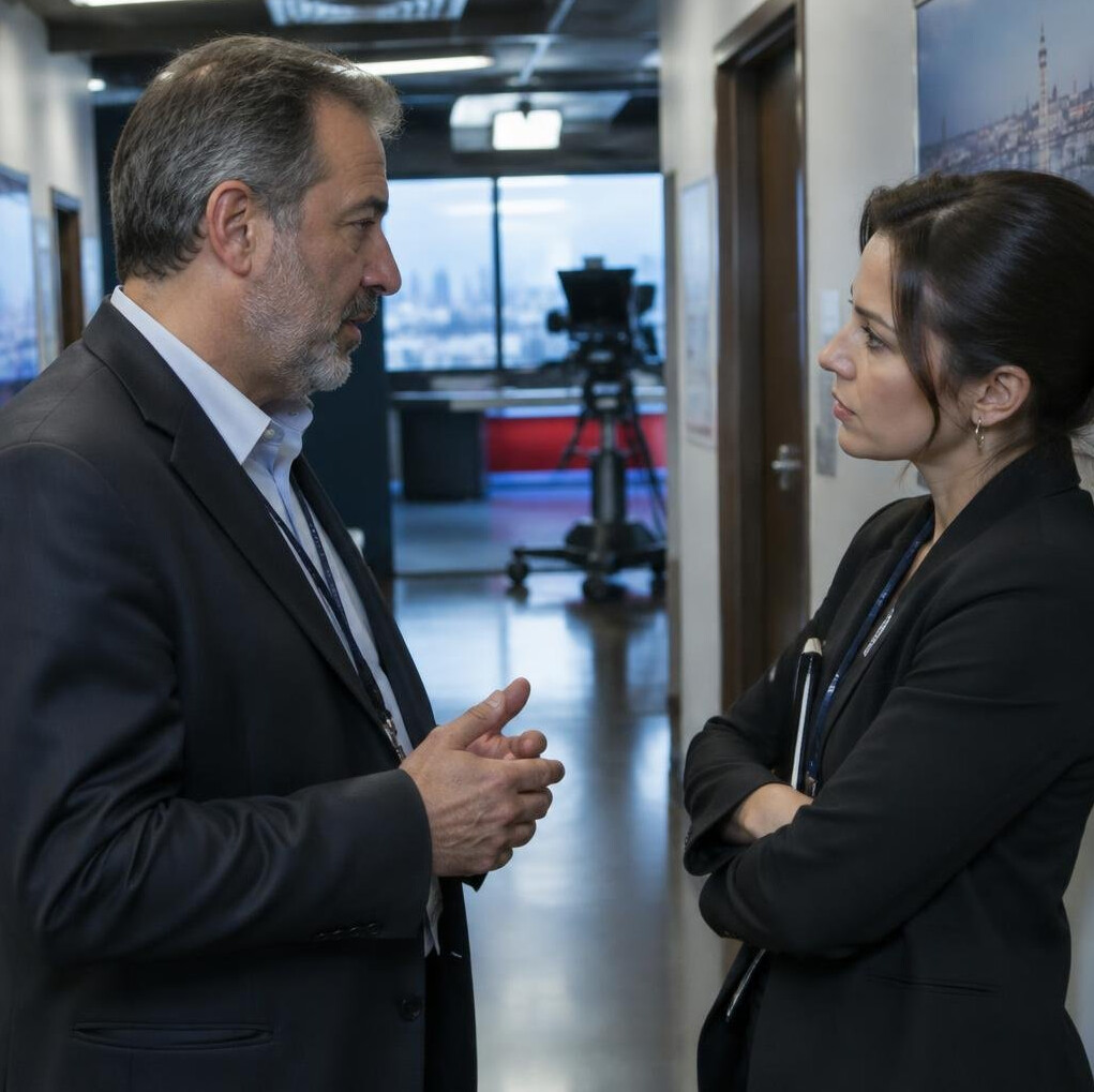 Two colleagues having a quiet conversation off camera in a studio hallway