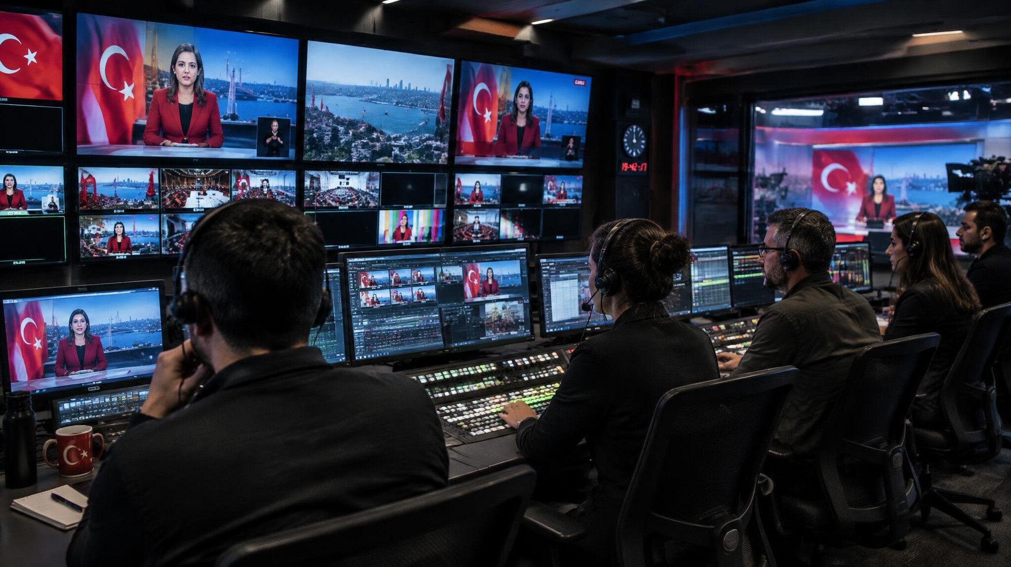 TV control room with staff monitoring live broadcast screens