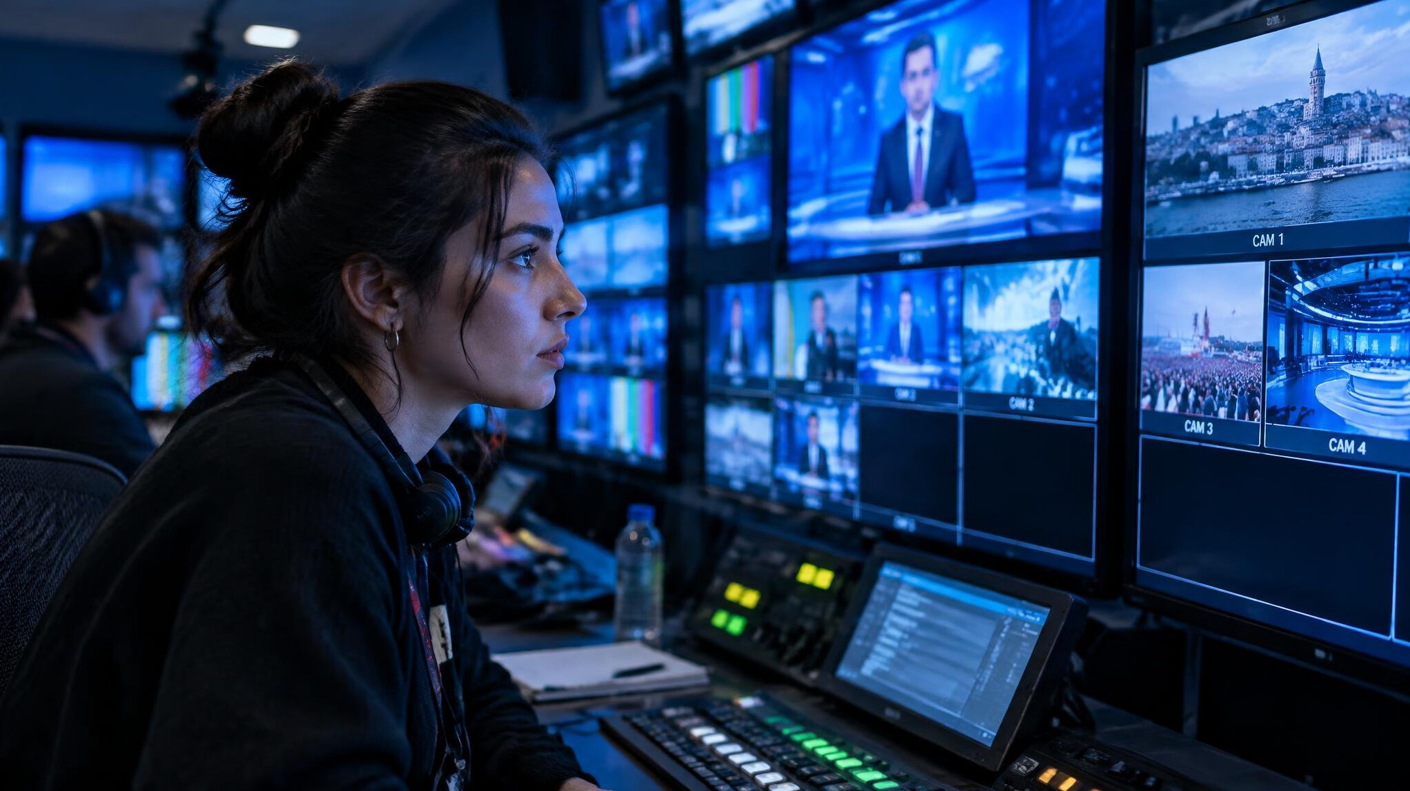 Production staff monitoring multiple live broadcast screens